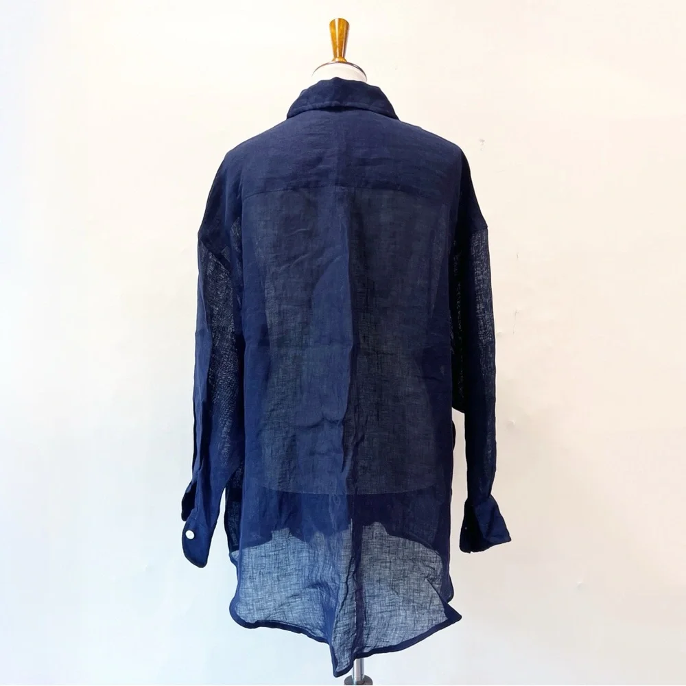 Vitamin A Playa Eco Linen Navy Button Down Shirt Coverup Medium NWOT - Picture 7 of 10